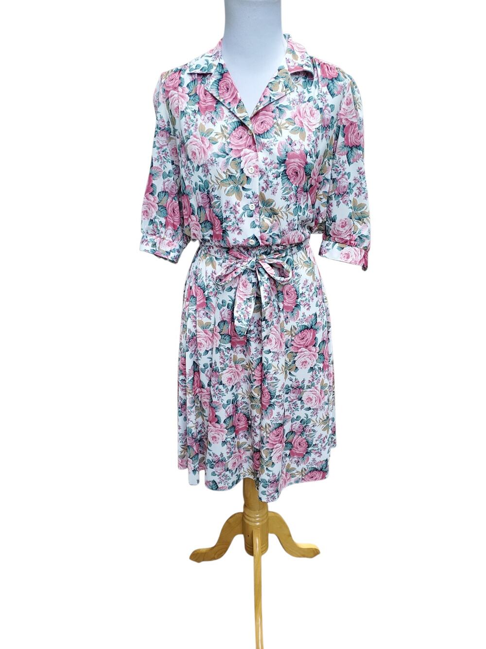 Vintage Shirt Dress Floral Cottage Grandma Romantic Pink Green Belted Fits XS/S